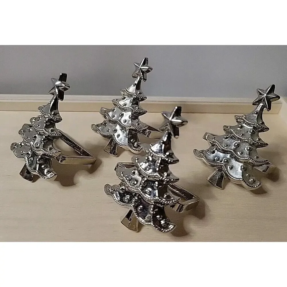 Pier One Set of 4 Silver Christmas Tree Napkin Holders 2.5